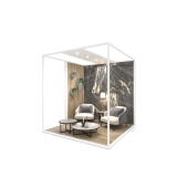 Ambiente expositor de cerámica y baño Isla Corner 240x240_2515 sx luz tabique blanco frontal