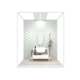 Ambiente para la exposición de azulejos y baño Isla Lineal 240x120_2800 luz tabique blanco frontal