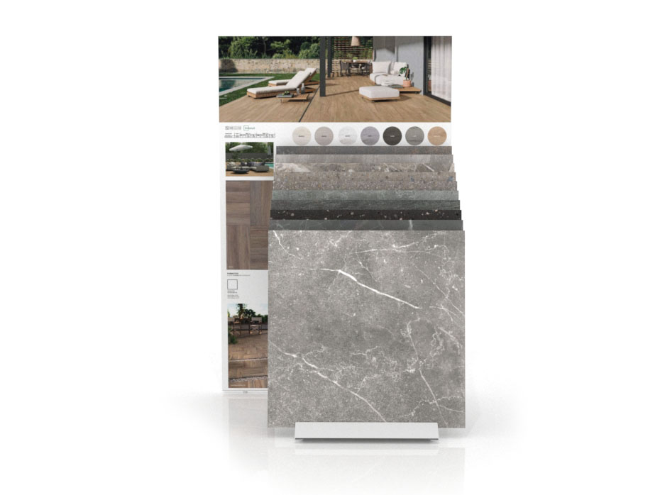 Expositor de azulejos para el exterior Tronchetto Outdoor 75x75 blanco panel frontal