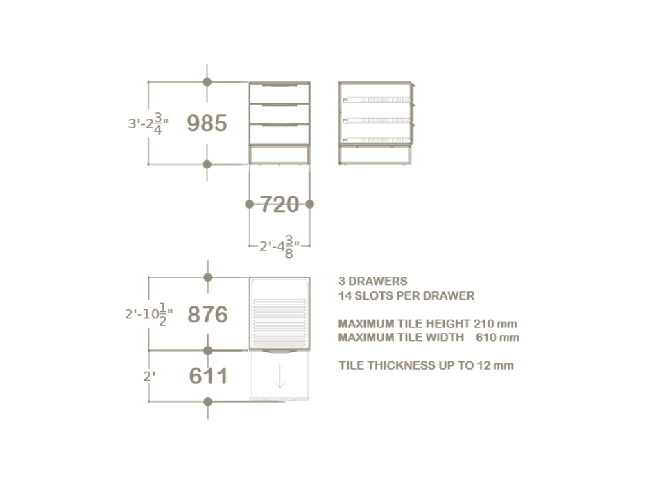 Expositor de azulejos tipo cajonera UP 3 Closed 61 plano.