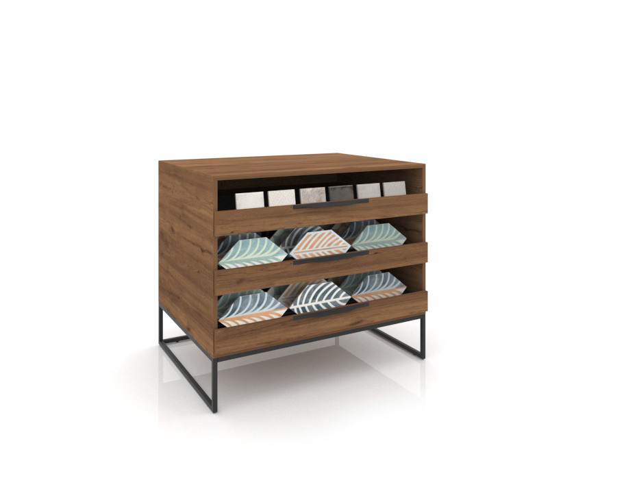  Expositor de azulejos tipo cajonera UP 3 Open 101 Madera Old Oak Negro Cerrado