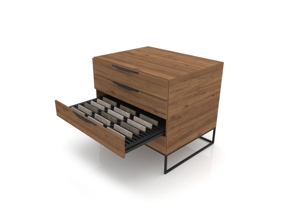 Mueble expositor azulejos tipo cajonera UP4 Closed 101 madera old oak abierto