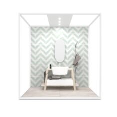 Ambiente para la exposición de azulejos Isla Lineal 240x120 Blanco con luz y tabique