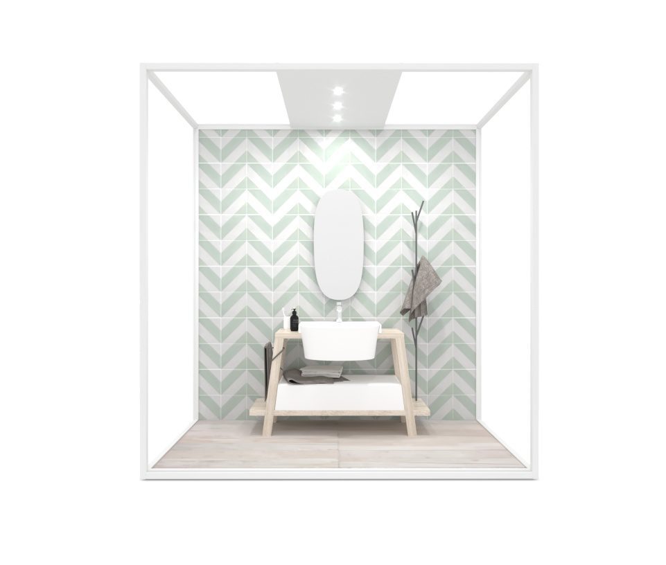 Ambiente para la exposición de azulejos Isla Lineal 240x120 Blanco con luz y tabique