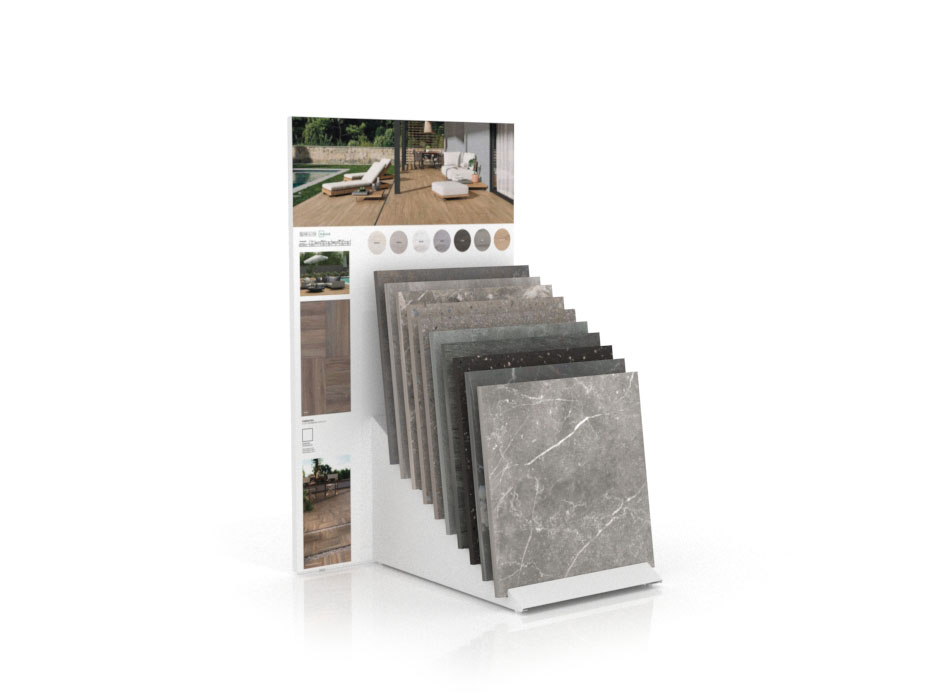 Expositor de azulejos para el exterior Tronchetto Outdoor 60x60 blanco panel lateral